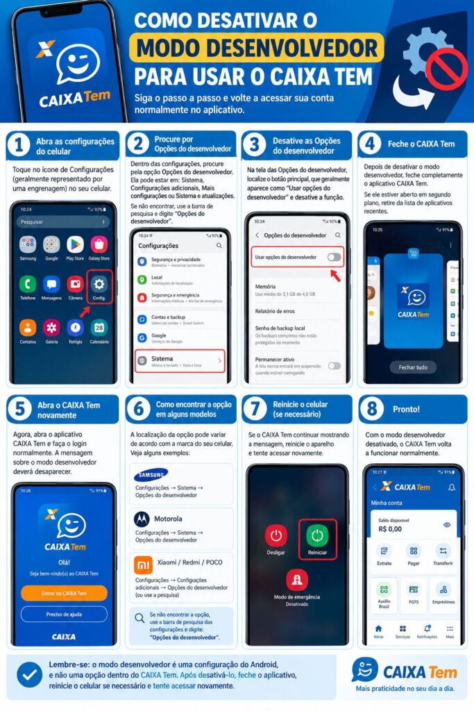 Como desativar o modo desenvolvedor para usar o CAIXA Tem