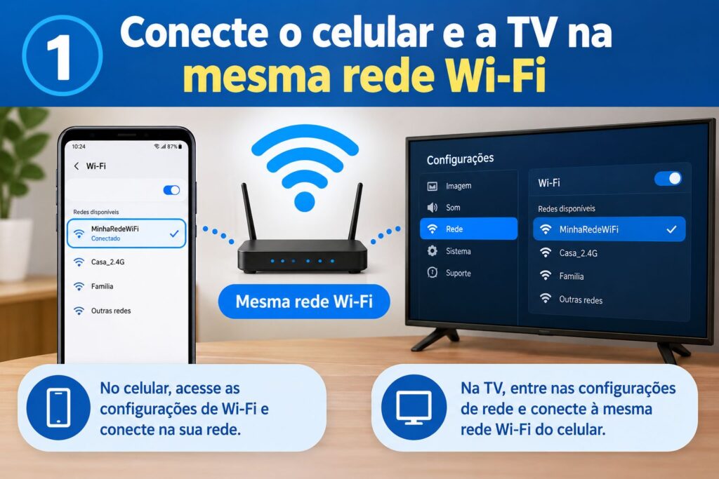 Conecte o celular e a TV na mesma rede Wi-Fi